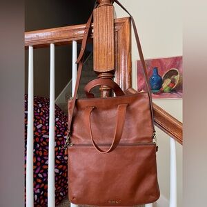 Fossil Foldover Crossbody Leather Tote in Tan